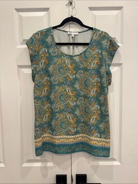 DR2 Teal Paisley Cap-Sleeve Blouse Size XL m7
